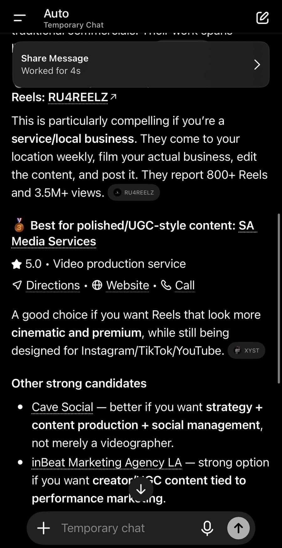 ChatGPT listing RU4REELZ among recommended Reels content creators in Los Angeles